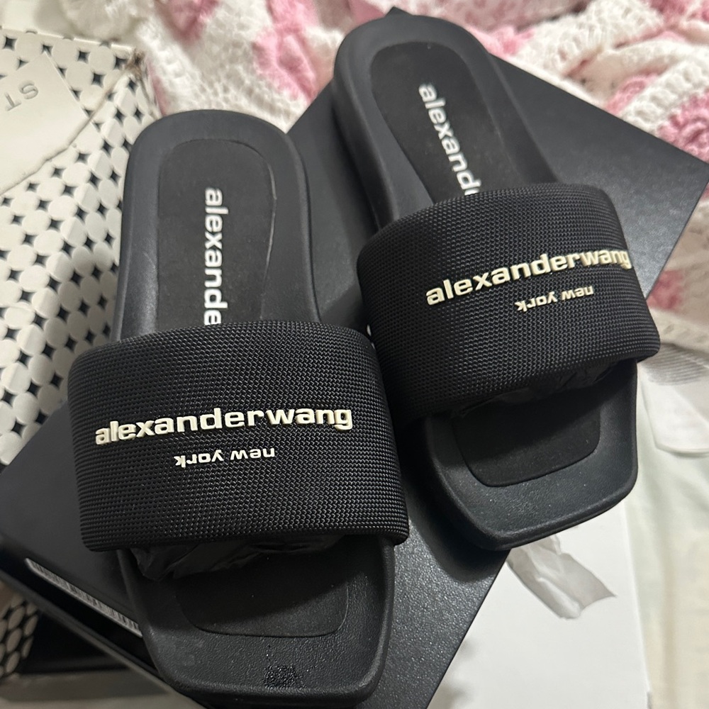 Alexander Wang Black Nylon Pool Slide Sandals with Gold Logo